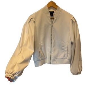 House‎ of Harlow 1960 Women's Faux Leather Bomber Jacket Puff Sleeve Cream SZ M